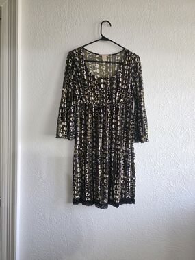 Vol 1 Whimsigoth Long-Sleeve Printed Empire-Waist Dress in Olive Black & Cream